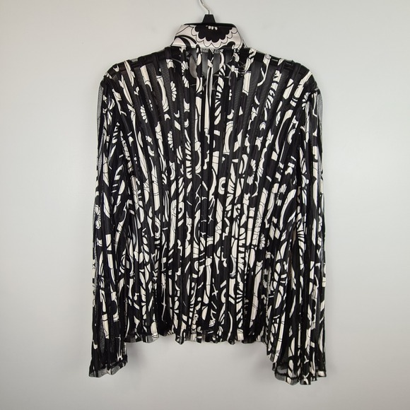 Sandra Darren Black Ivory‎ Mesh Stripe Blouse Light Zip Jacket Bell Sleeve Sz 10 - Picture 9 of 10